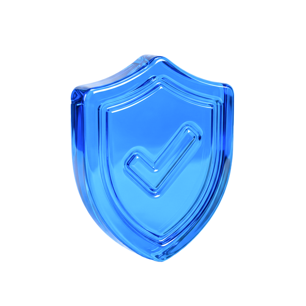 A translucent blue shield with a checkmark